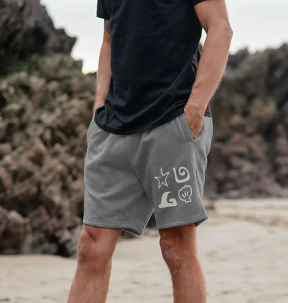 Shoreline grey men’s jogger shorts with starfish, shell and wave design
