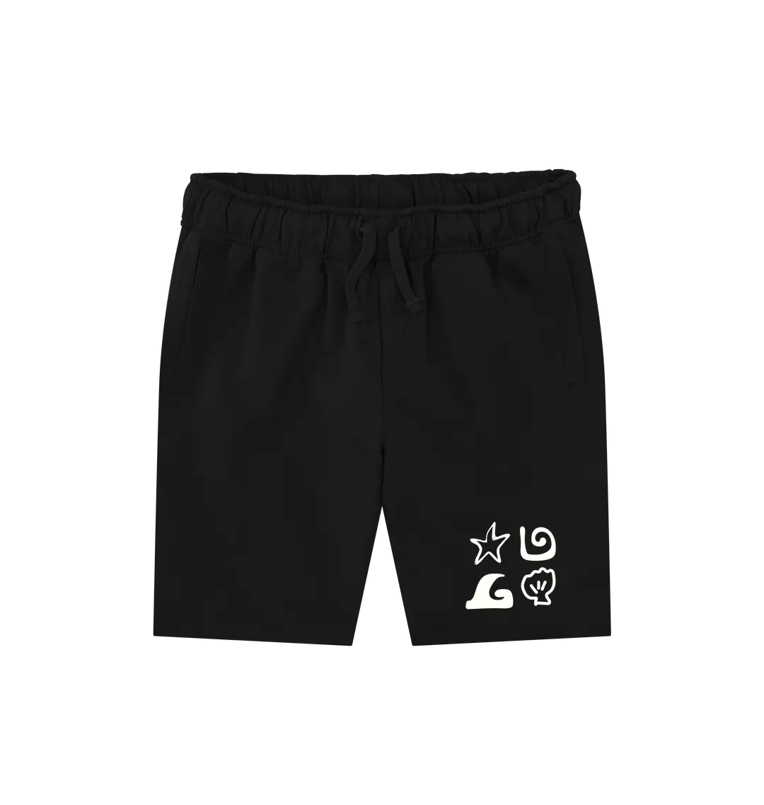 Black Printed Mens Shorts Front Eco-friendly men’s shorts with coastal shell and starfish artwork 