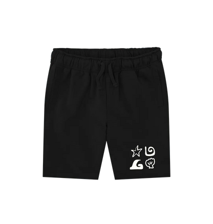 Black Printed Mens Shorts Front Eco-friendly men’s shorts with coastal shell and starfish artwork 