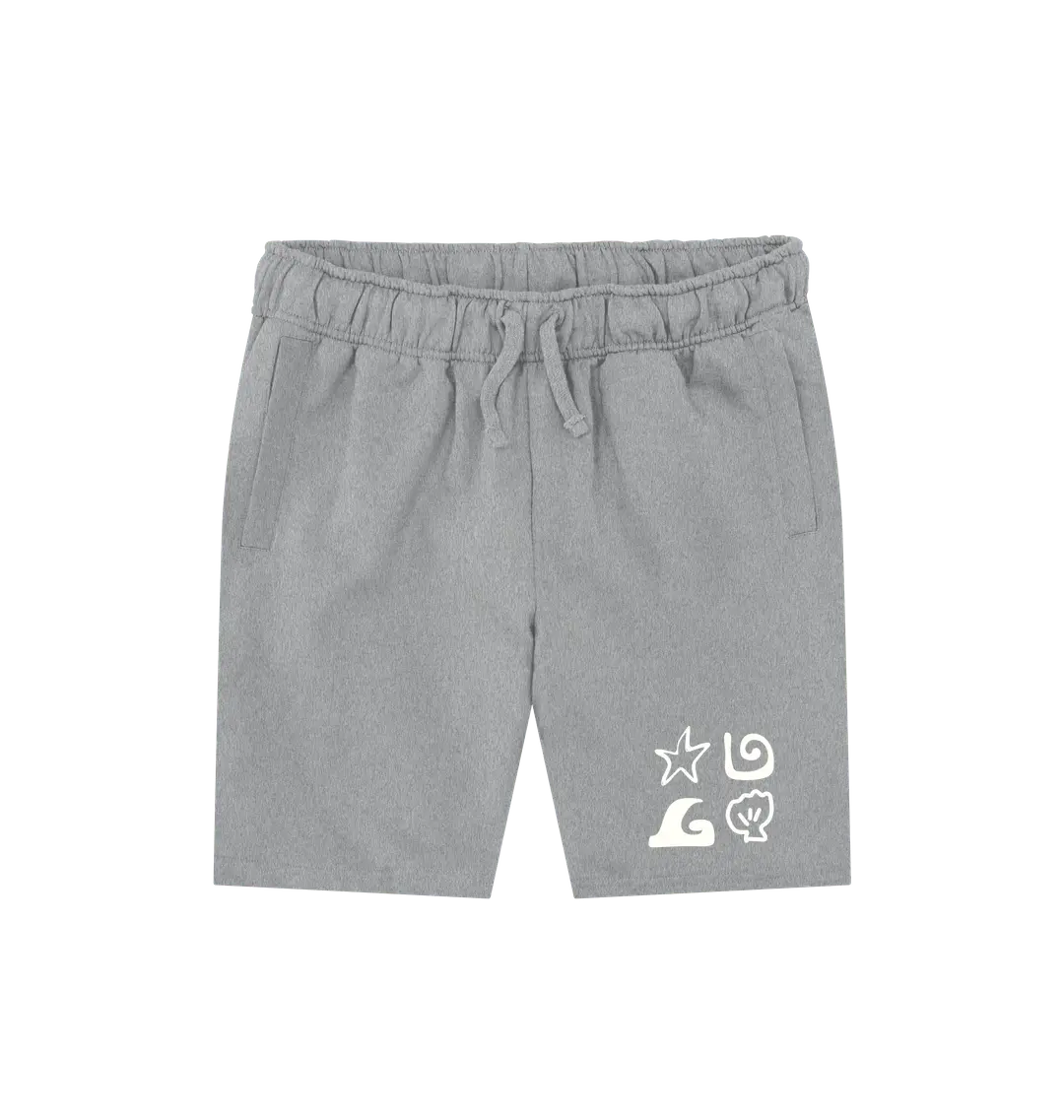 Athletic Grey Printed Mens Shorts Front Shoreline Eco-friendly men’s shorts with coastal shell and starfish artwork 