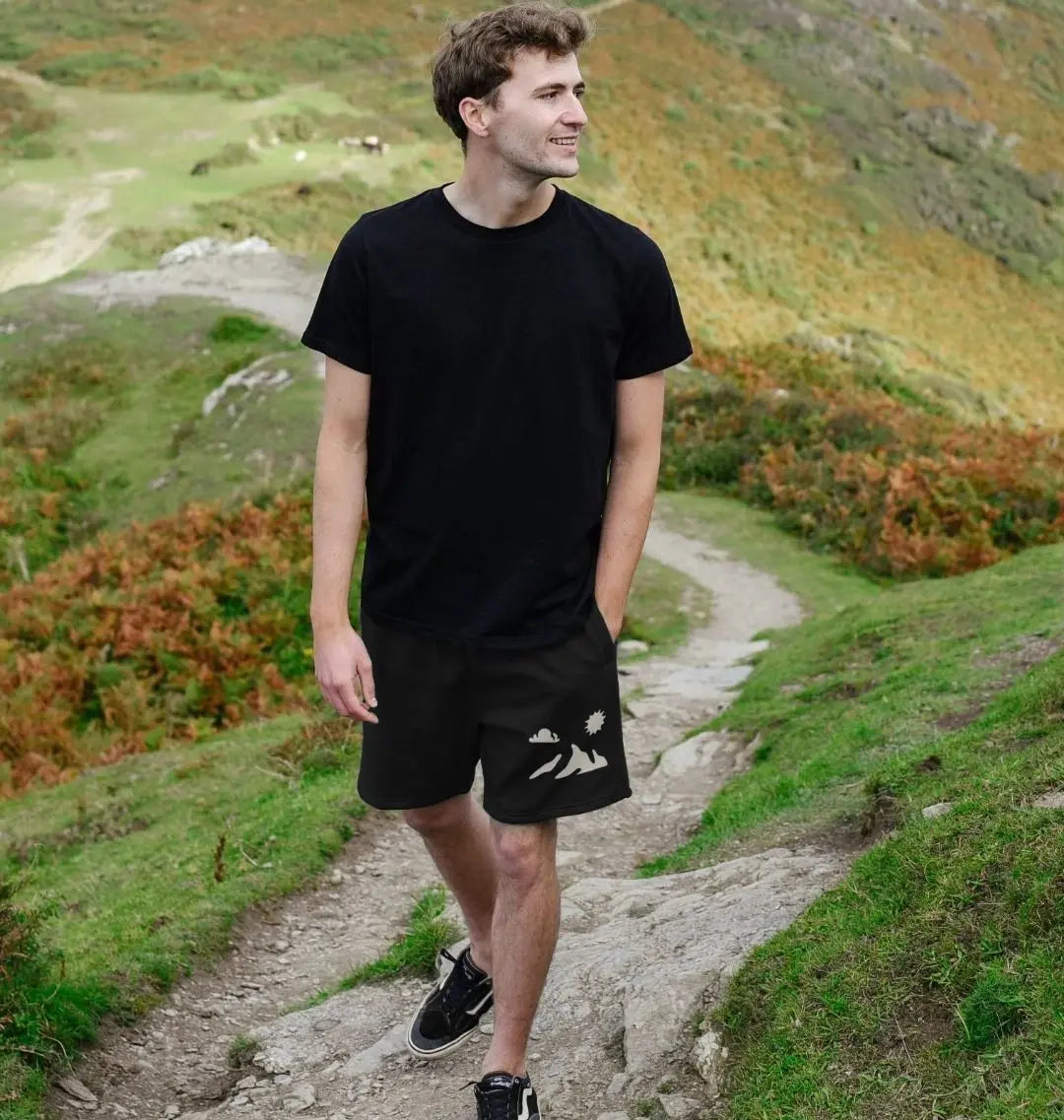 Summit Eco-friendly men’s shorts featuring mountain peak and sun artwork