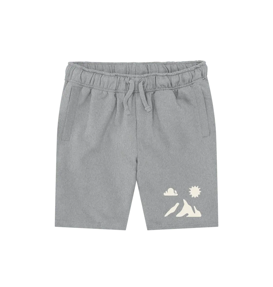 Athletic Grey Printed Mens Shorts Front with mountain and sun design for adventure lovers