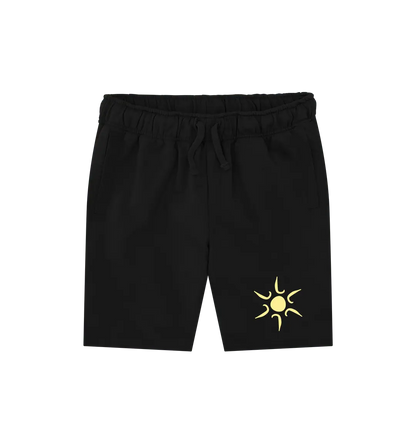 Black Printed Mens Shorts Front Organic cotton men’s shorts with sun artwork
