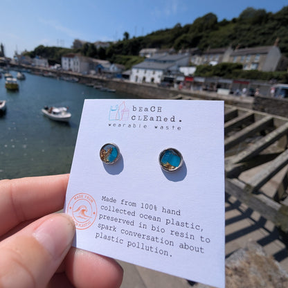 Sustainable silver circle studs made from beach plastic collected from our shores