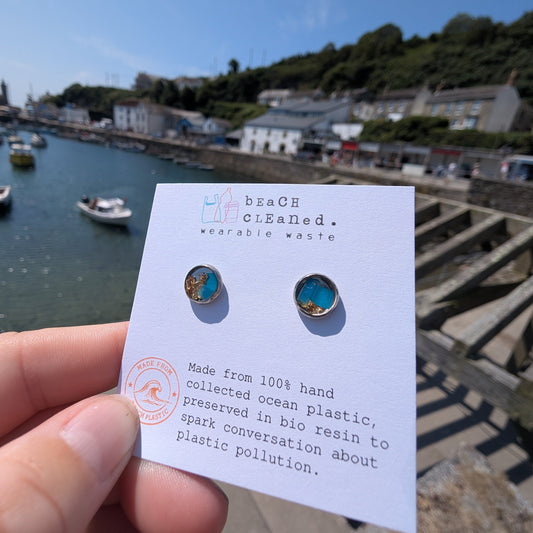 Sustainable silver circle studs made from beach plastic collected from our shores