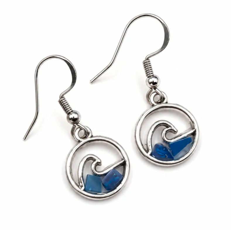 Wave Earrings Beach Cleaned made with hand collected beach plastic and set in a bioresin.
