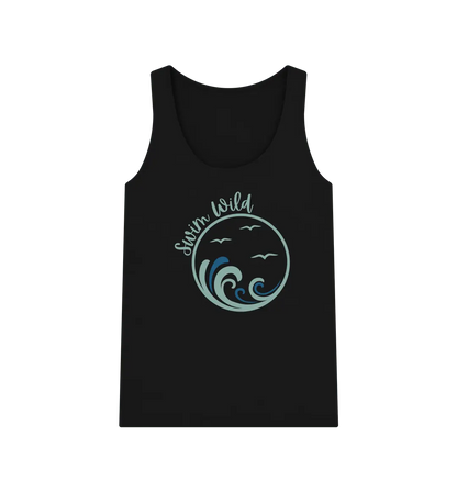 Swim Wild Women's Vest Top Black Front ecofriendly top with wave design