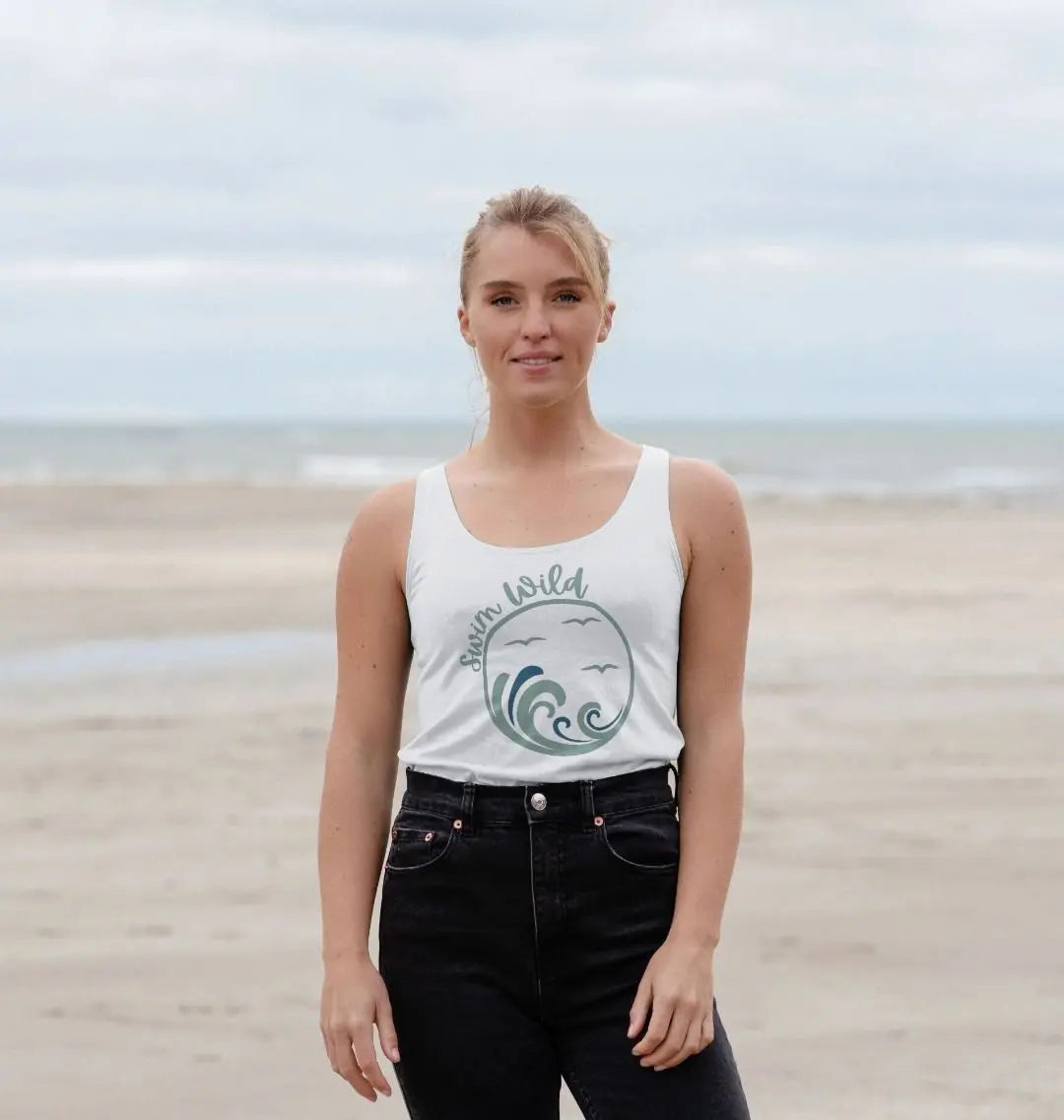 Swim Wild women’s white vest top with wave design