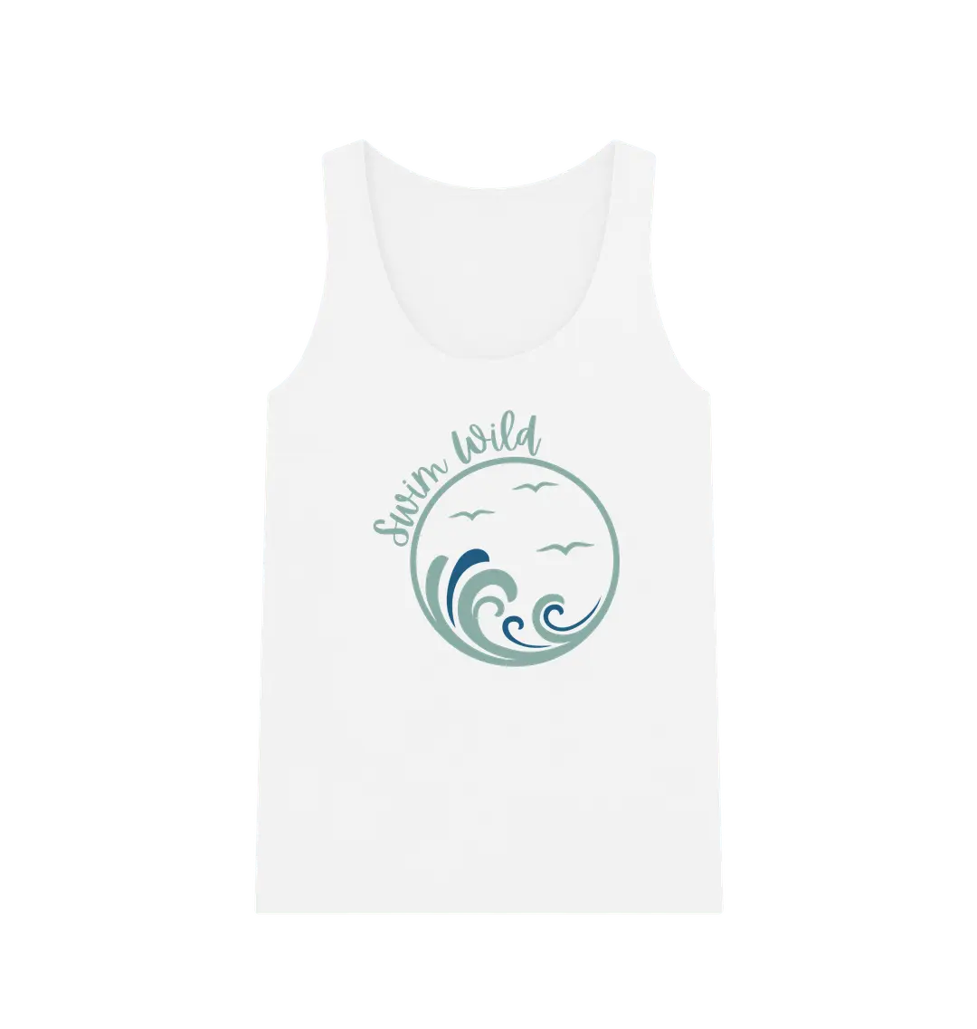 Swim Wild Women's Vest Top White Front Women’s vest top with Swim Wild graphic and waves