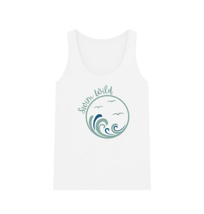 Swim Wild Women's Vest Top White Front Women’s vest top with Swim Wild graphic and waves