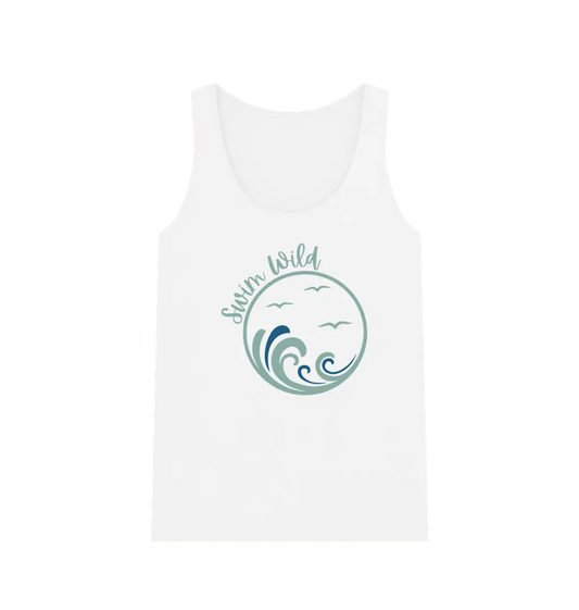 Swim Wild Women's Vest Top White Front Women’s vest top with Swim Wild graphic and waves