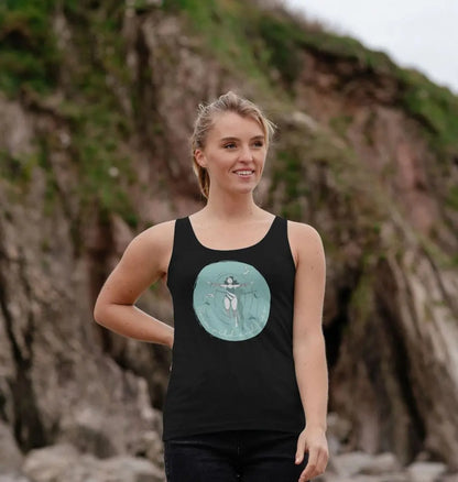 Swim Wild and Free women’s vest top in black with wild swimmer lake design