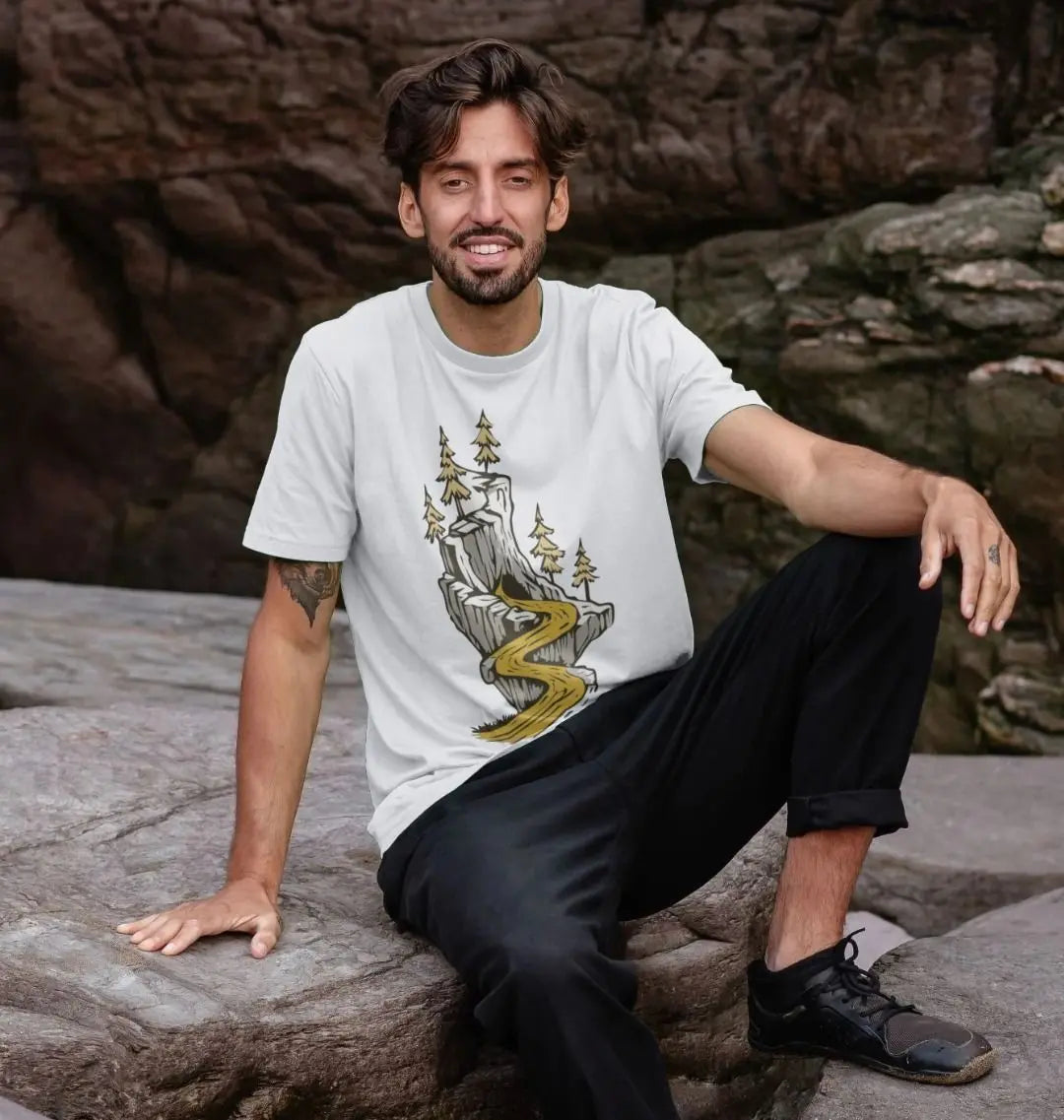 Adventure graphic tee men’s clothing featuring winding path and peaks