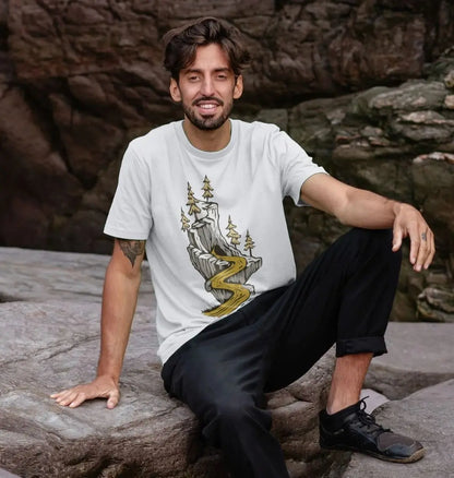Adventure graphic tee men’s clothing featuring winding path and peaks