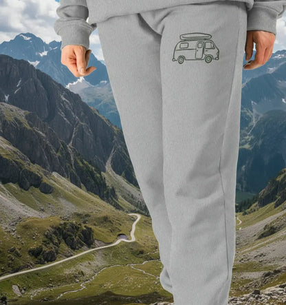 Van Babe Jogging Bottoms Comfortable fleece-lined women’s joggers for cozy campervan mornings and outdoor exploration retro van design in grey.