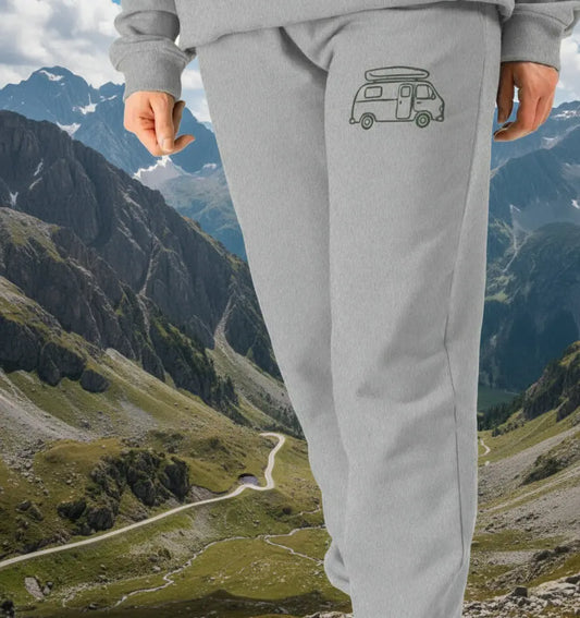 Van Babe Jogging Bottoms Comfortable fleece-lined women’s joggers for cozy campervan mornings and outdoor exploration retro van design in grey.