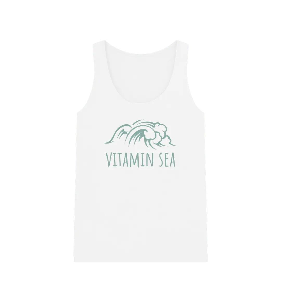 Sustainable women’s white summer vest top with Vitamin Sea slogan