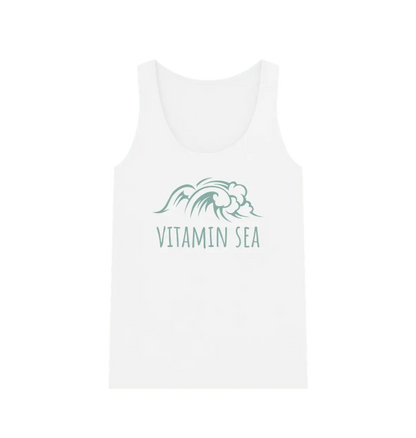 Sustainable women’s white summer vest top with Vitamin Sea slogan