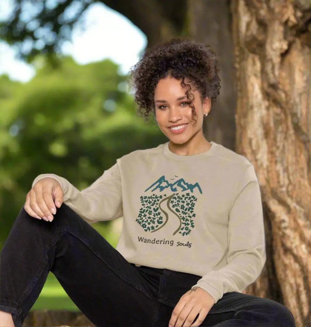 Wandering Souls Women’s Boxy Jumper with wilderness-inspired design, eco-friendly cozy jumper for adventurous women