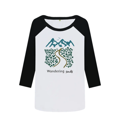 Wandering Souls Women’s Baseball Top with wilderness-inspired design, eco-friendly long-sleeve adventure shirt for outdoorsy women