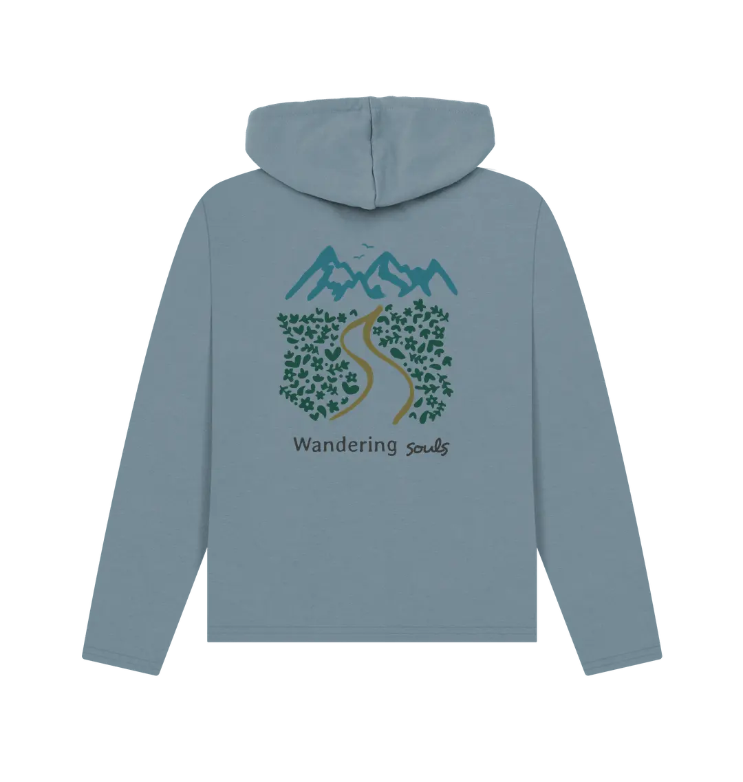 Wandering Souls Women’s Relaxed Fit Hoodie with wilderness-inspired design, eco-friendly hoodie for adventurous women