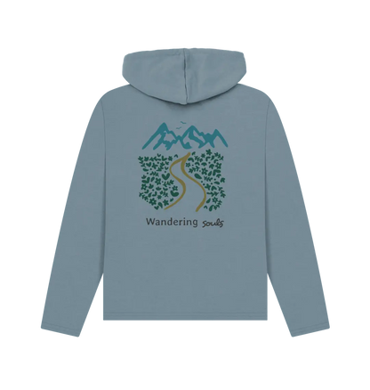 Wandering Souls Women’s Relaxed Fit Hoodie with wilderness-inspired design, eco-friendly hoodie for adventurous women