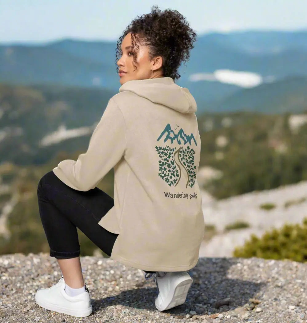 Wandering Souls Women’s Relaxed Fit Hoodie with wilderness-inspired design, eco-friendly hoodie for adventurous women