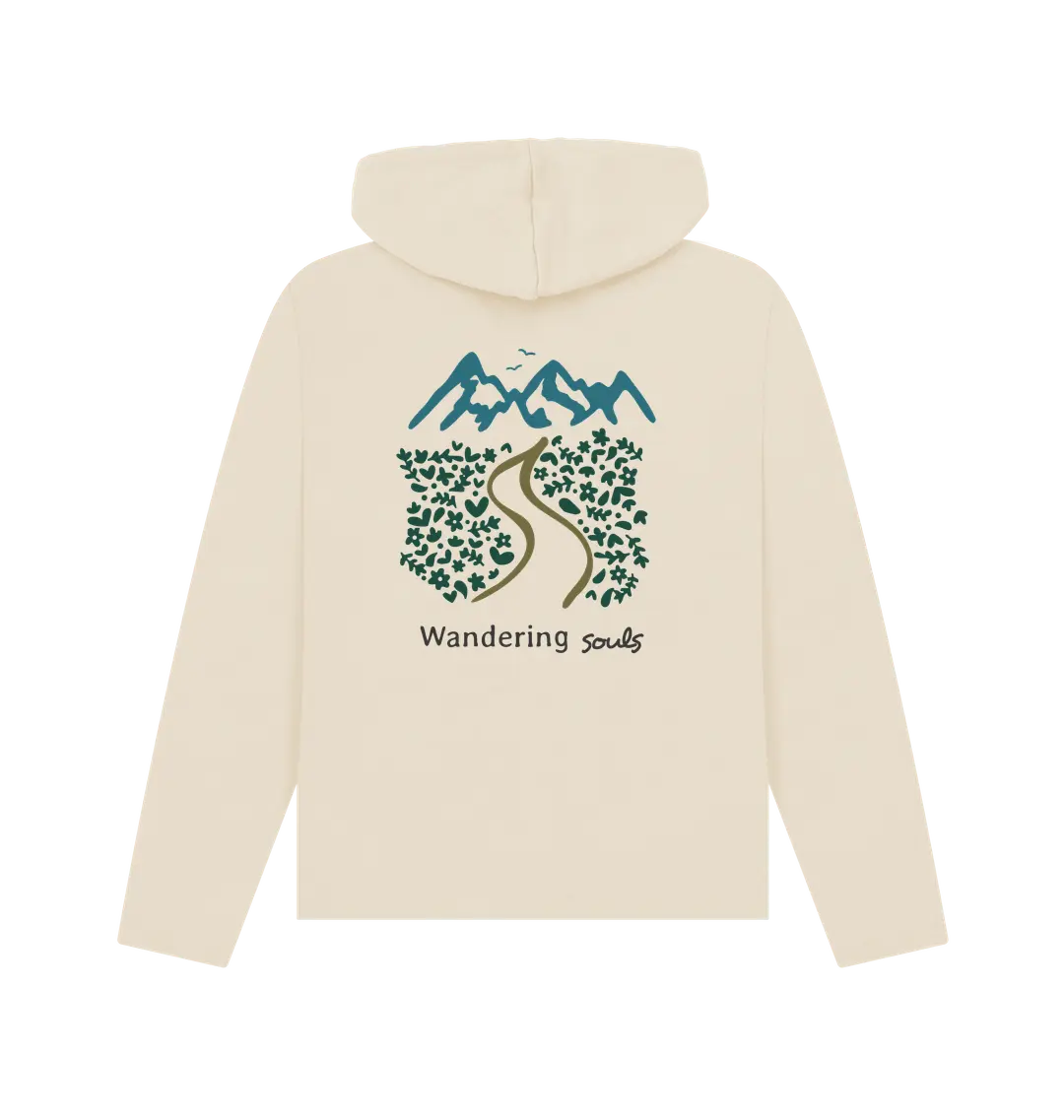 Oat Printed Hoody Back Wandering Souls Women’s Relaxed Fit Hoodie with wilderness-inspired design, eco-friendly hoodie for adventurous women