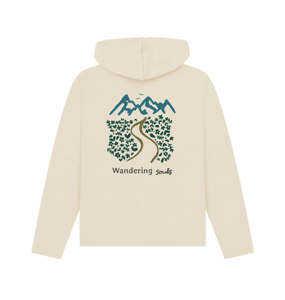 Oat Printed Hoody Back Wandering Souls Women’s Relaxed Fit Hoodie with wilderness-inspired design, eco-friendly hoodie for adventurous women