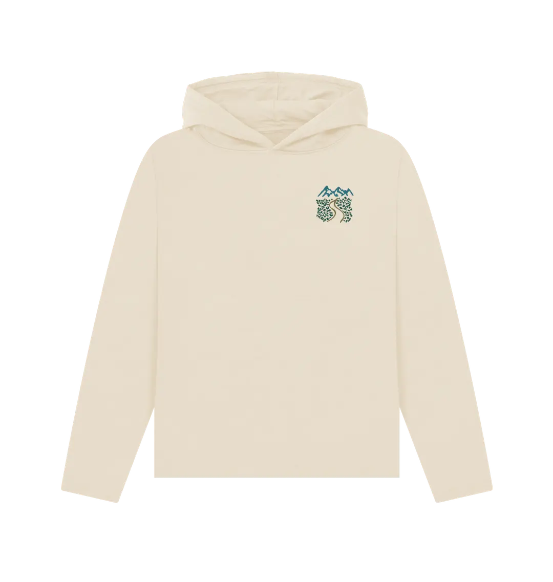 Oat Printed Hoody Front. Wandering Souls Women’s Relaxed Fit Hoodie with wilderness-inspired design, eco-friendly hoodie for adventurous women