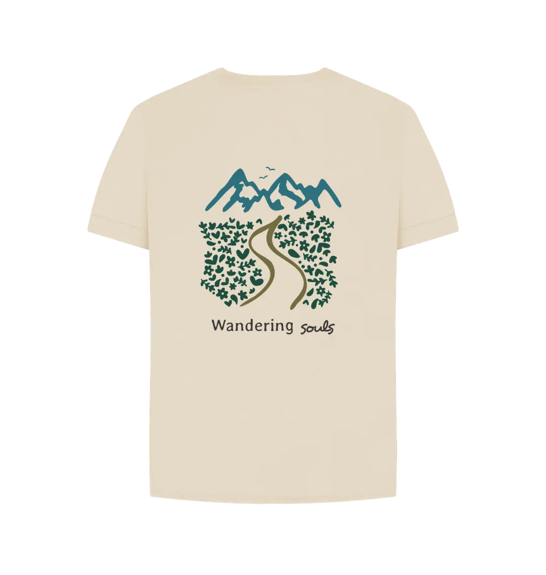 Wandering Souls Women’s T-Shirt with wilderness design, eco-friendly outdoor adventure tee for women
