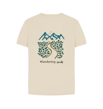 Wandering Souls Women’s T-Shirt with wilderness design, eco-friendly outdoor adventure tee for women
