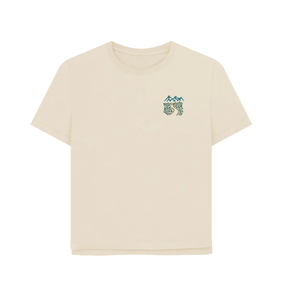 Wandering Souls Women’s T-Shirt with wilderness design, eco-friendly outdoor adventure tee for women