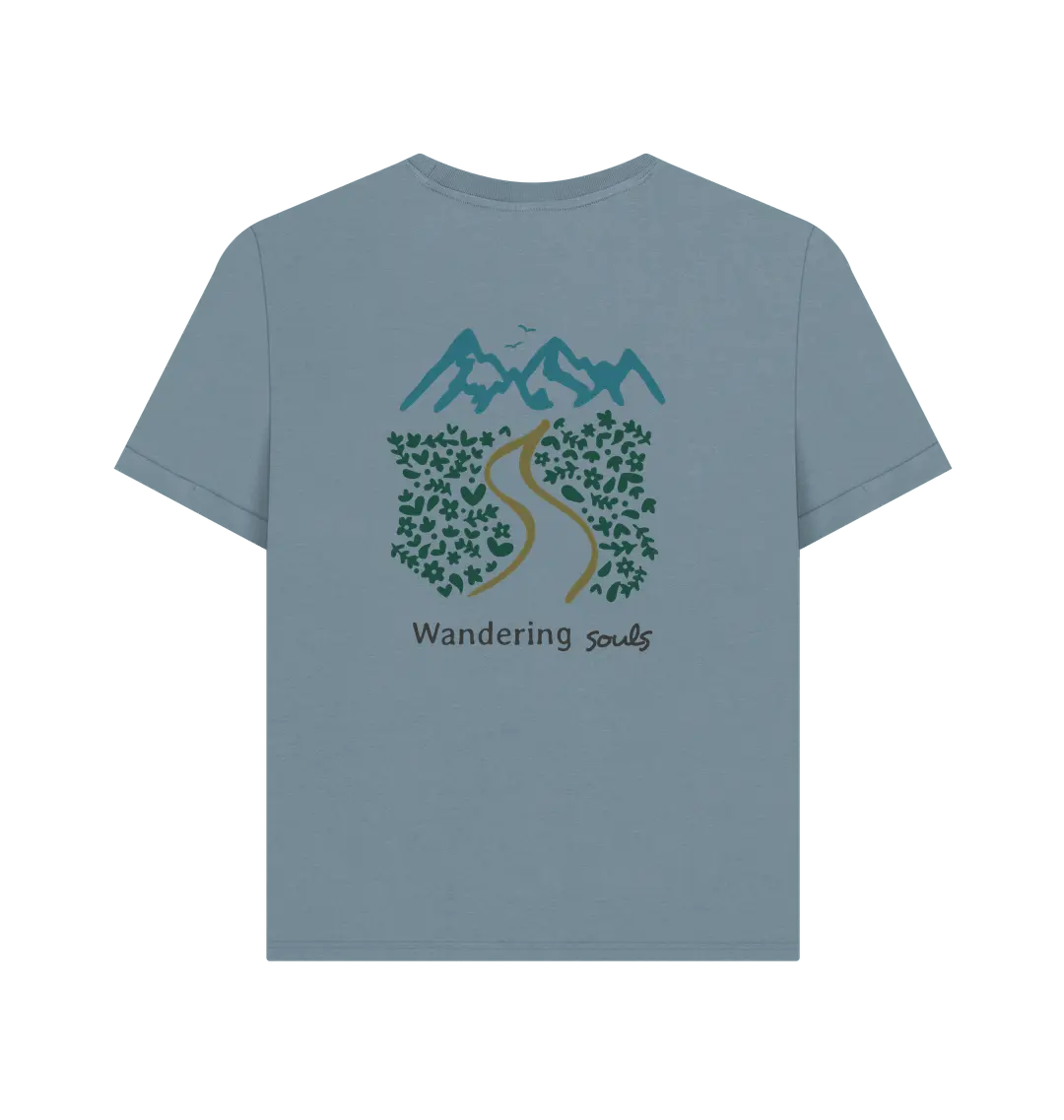 Wandering Souls Women’s T-Shirt with wilderness design, eco-friendly outdoor adventure tee for women