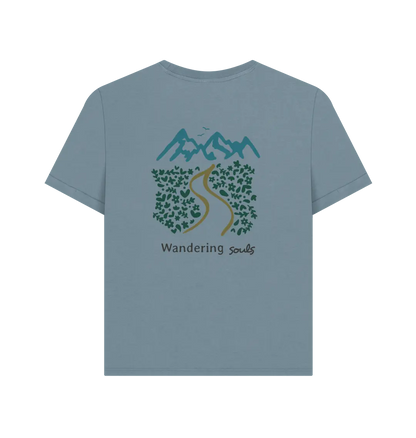 Wandering Souls Women’s T-Shirt with wilderness design, eco-friendly outdoor adventure tee for women