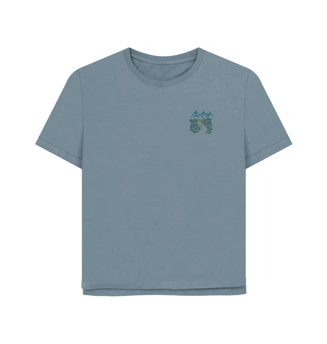 Wandering Souls Women’s T-Shirt with wilderness design, eco-friendly outdoor adventure tee for women