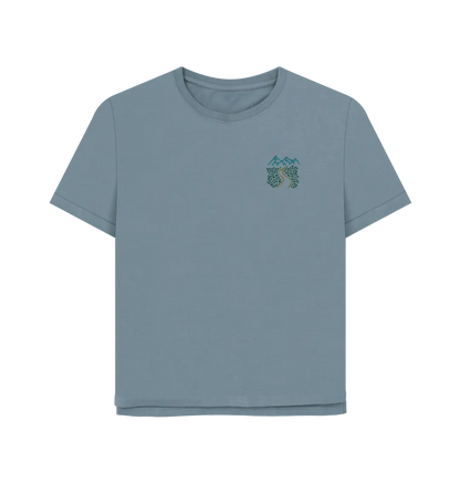 Wandering Souls Women’s T-Shirt with wilderness design, eco-friendly outdoor adventure tee for women