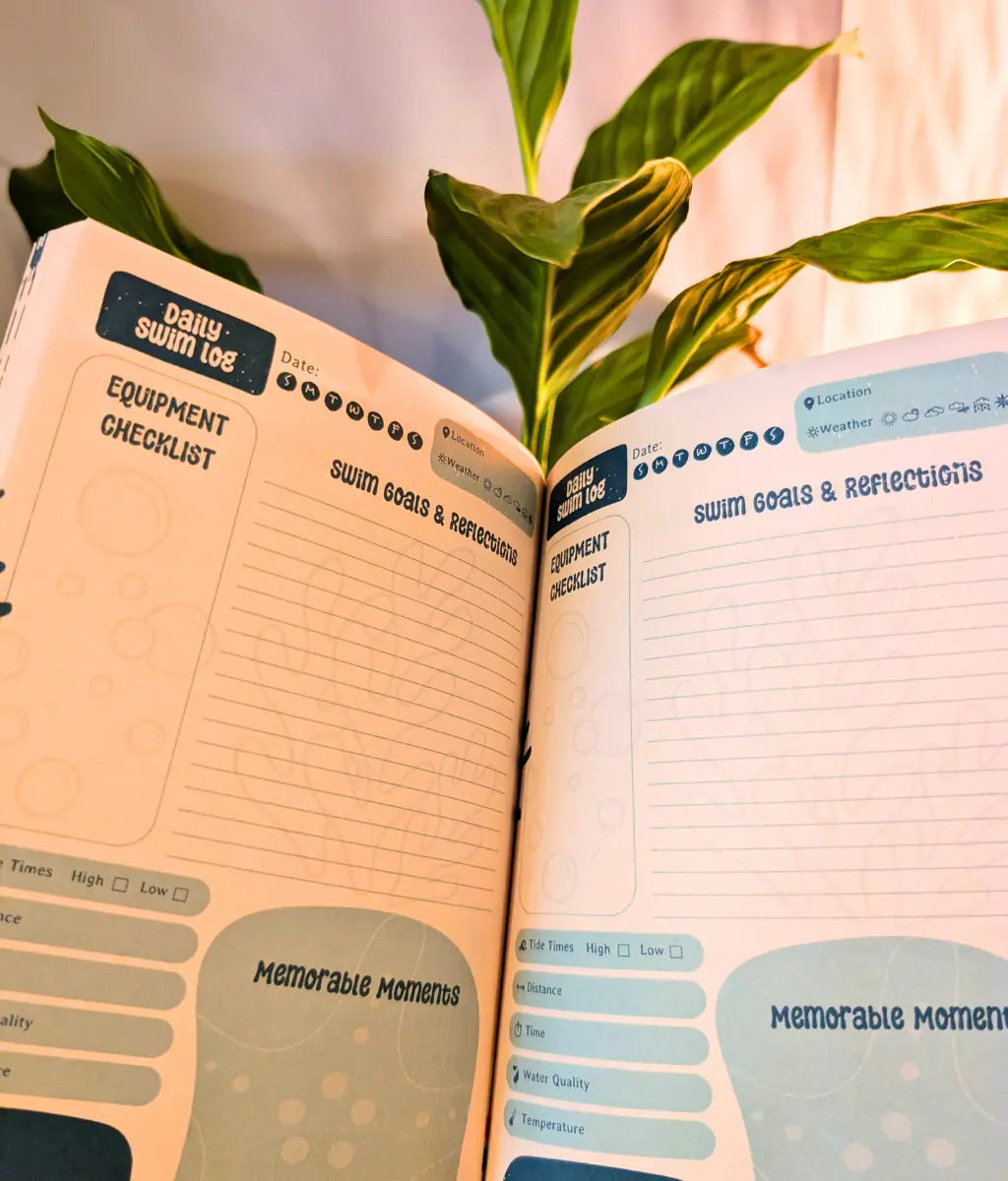 daily log interior pages of Arvor Life Wild Swim Planners for wild swimming, coastal walks, and sea swimming tracking.