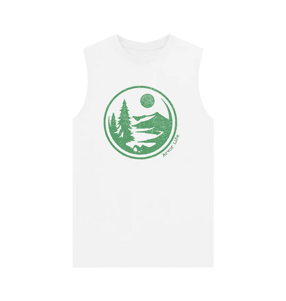 Wild Wandering design Men’s adventure lifestyle vest with mountain and forest graphic