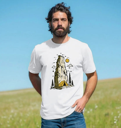 Adventure men’s graphic tee featuring mountain landscape and tent motif
