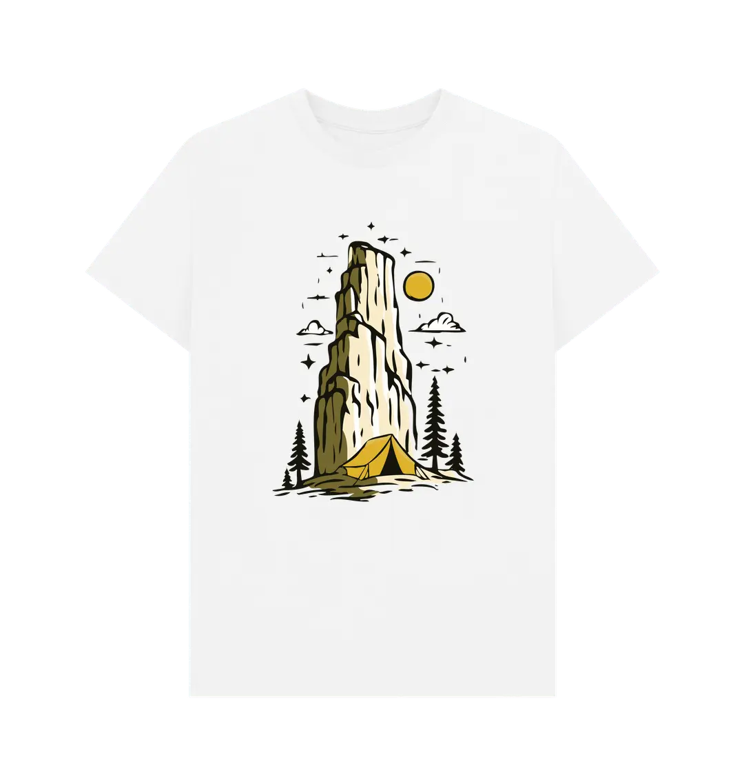 Sustainable camping lifestyle shirt with mountain scene back graphic