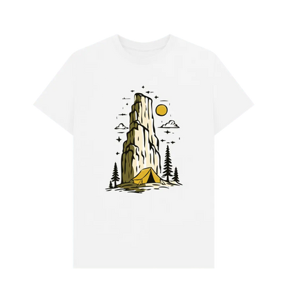 Sustainable camping lifestyle shirt with mountain scene back graphic