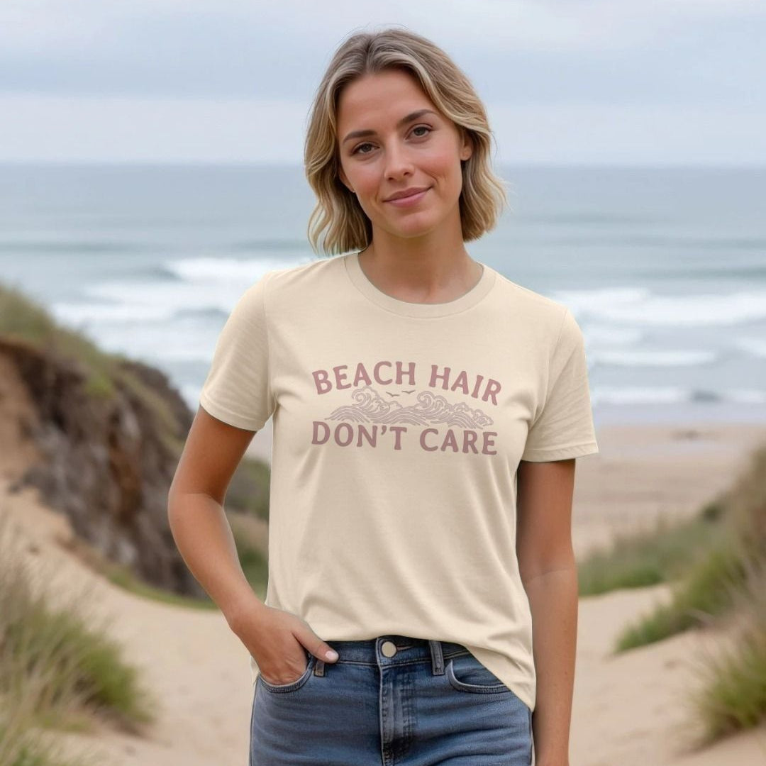 cream and pink beach hair don't care slogan t-shirt