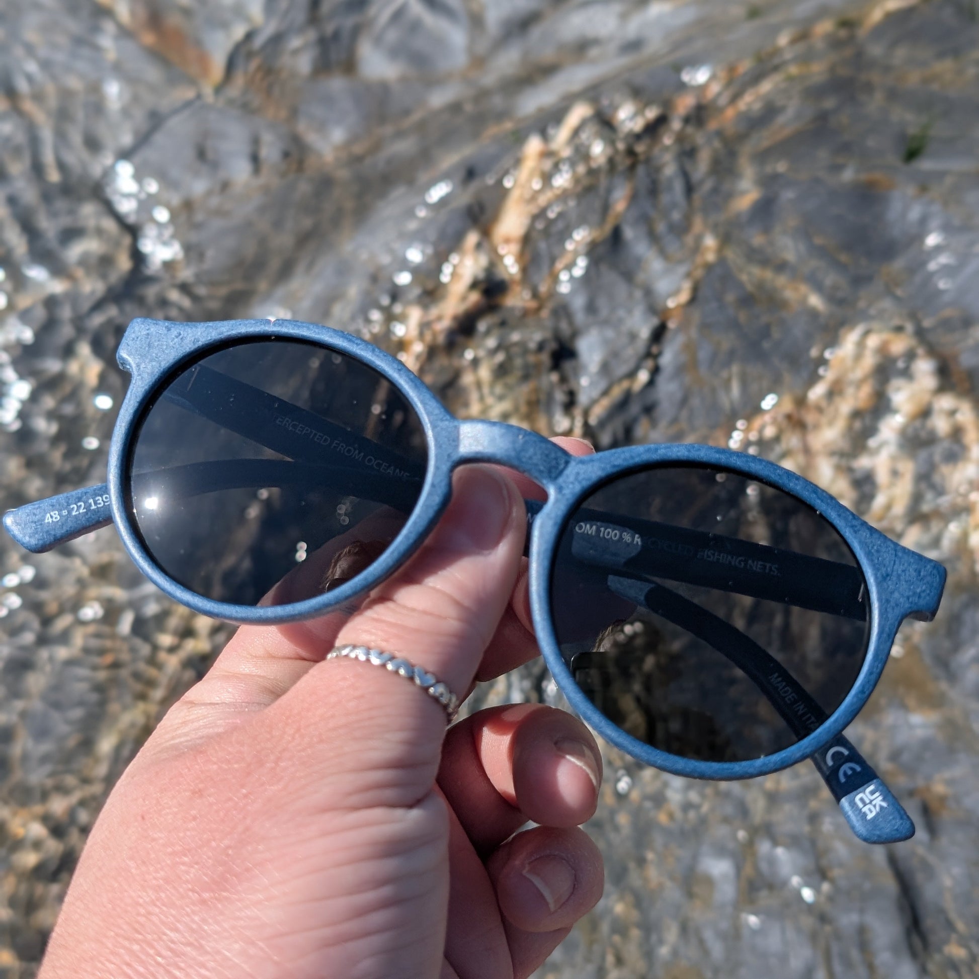 rounded navy panto sunglasses made with recycled materials