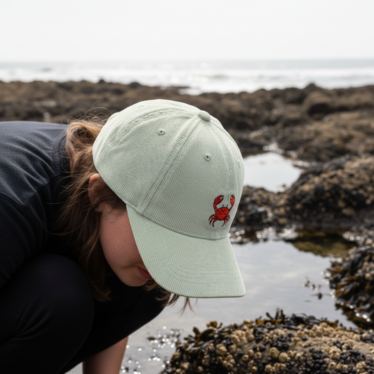 organic cotton cream cord cap with a crab design