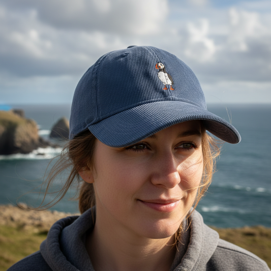 organic cotton puffin cord cap slate blue 