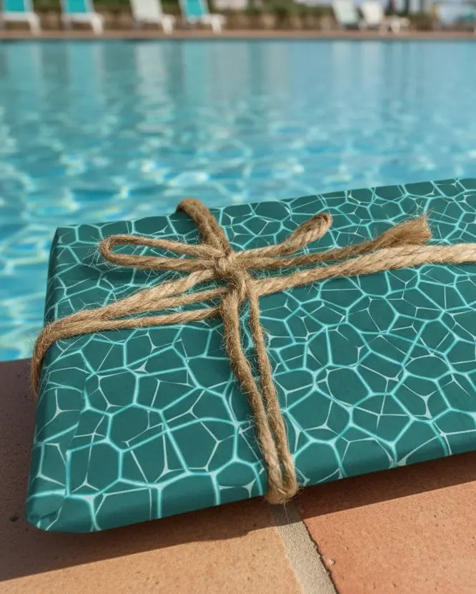 A sheet of wrapping paper with a geometric pattern of swimming pool water, primarily in blue tones, tied with a twine at the side of a lido.