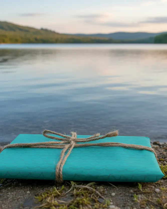 A sheet of mermaid blue wrapping paper with a wave pattern, tied with a string.