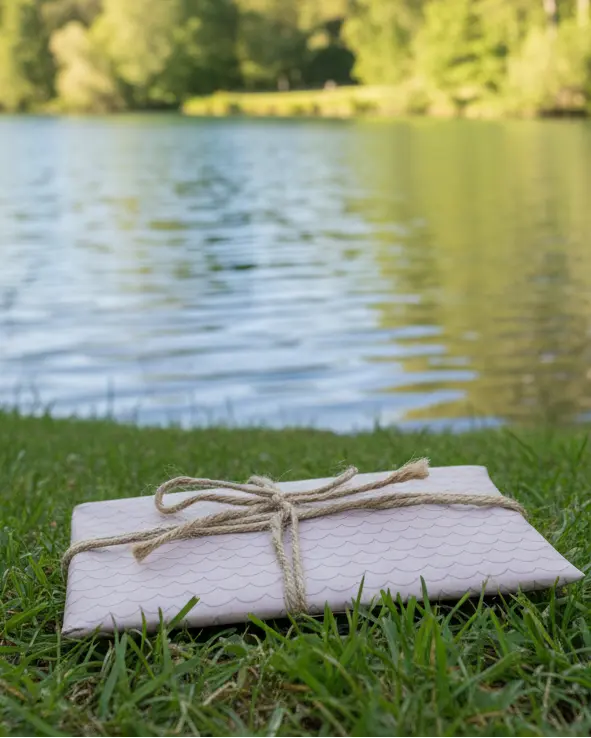 A sheet of wrapping paper with a mermaid tail pattern, tied with a string.