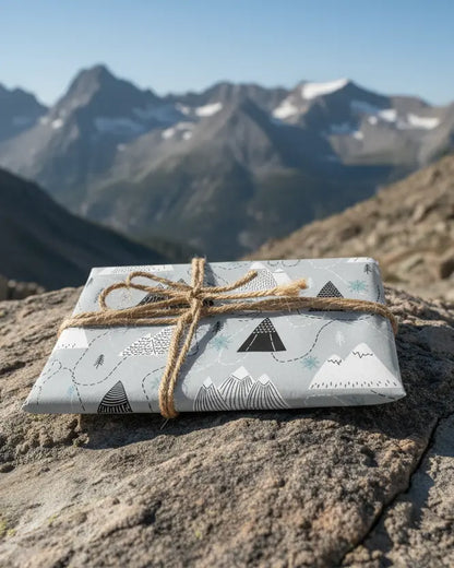 Snowy mountain wrapping paper design sitting on a rock in the mountains. 